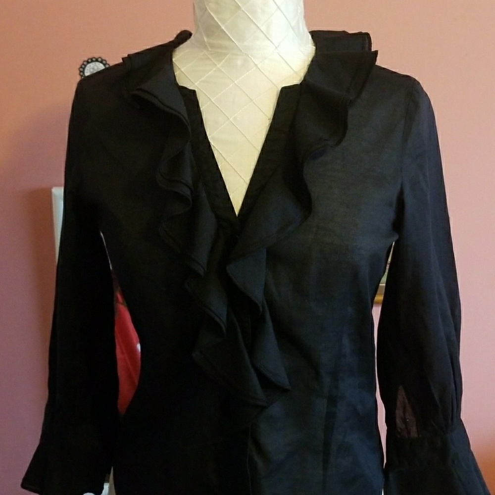 Oscar De La Renta Black Sheer Ruffle Blouse